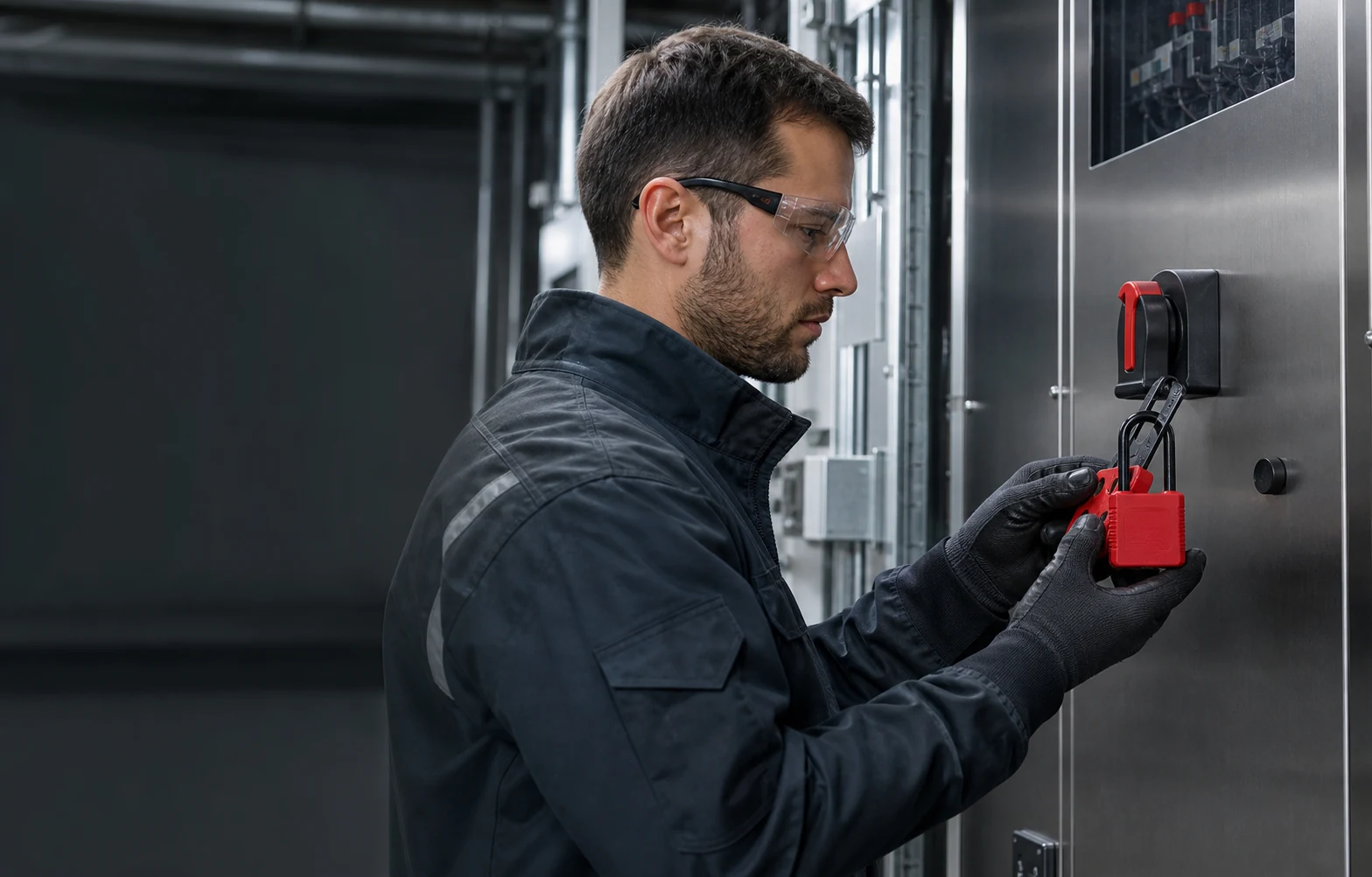 Technician applying a safety padlock during electrical lockout