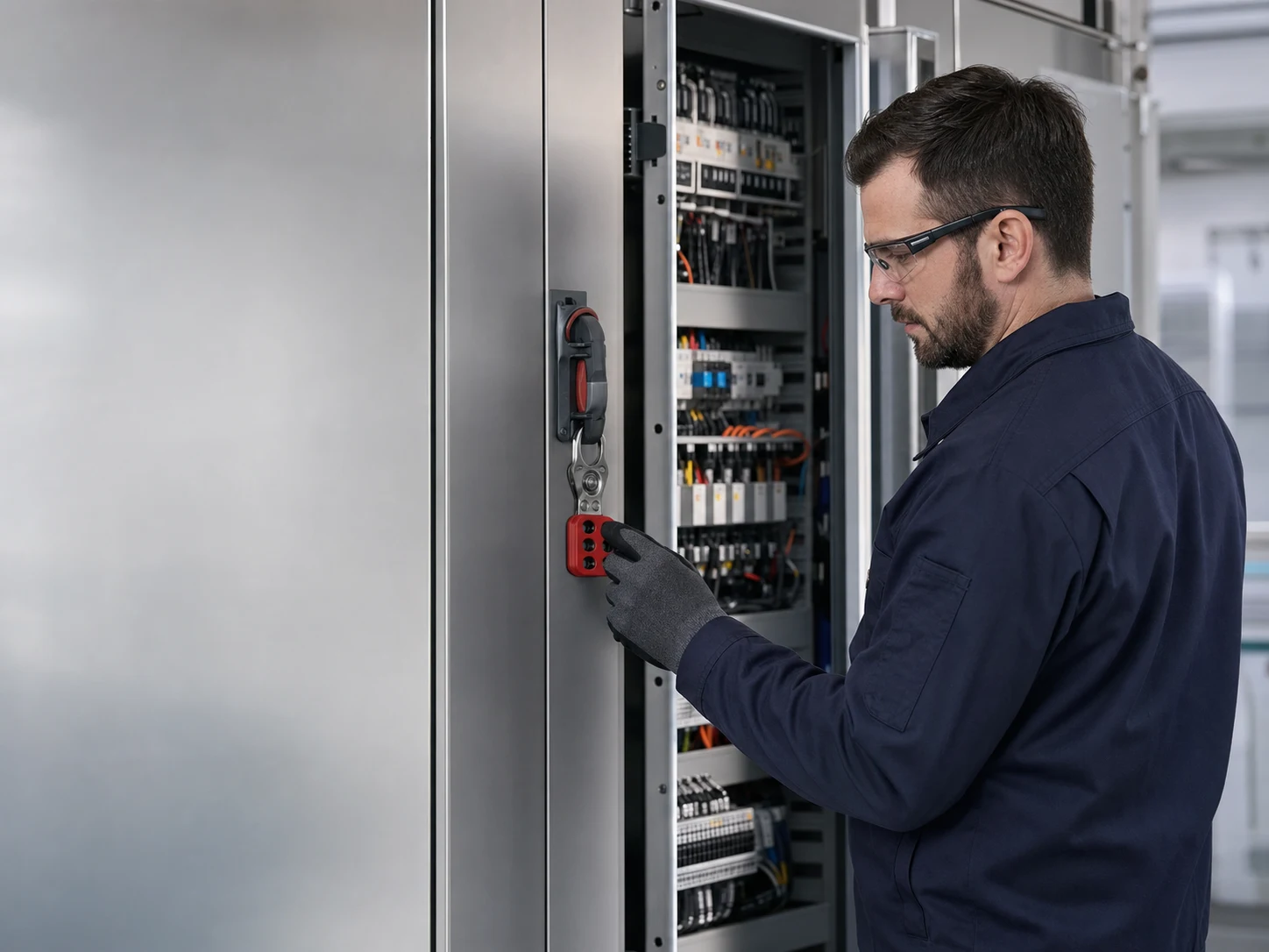 Technician reviewing an electrical lockout point