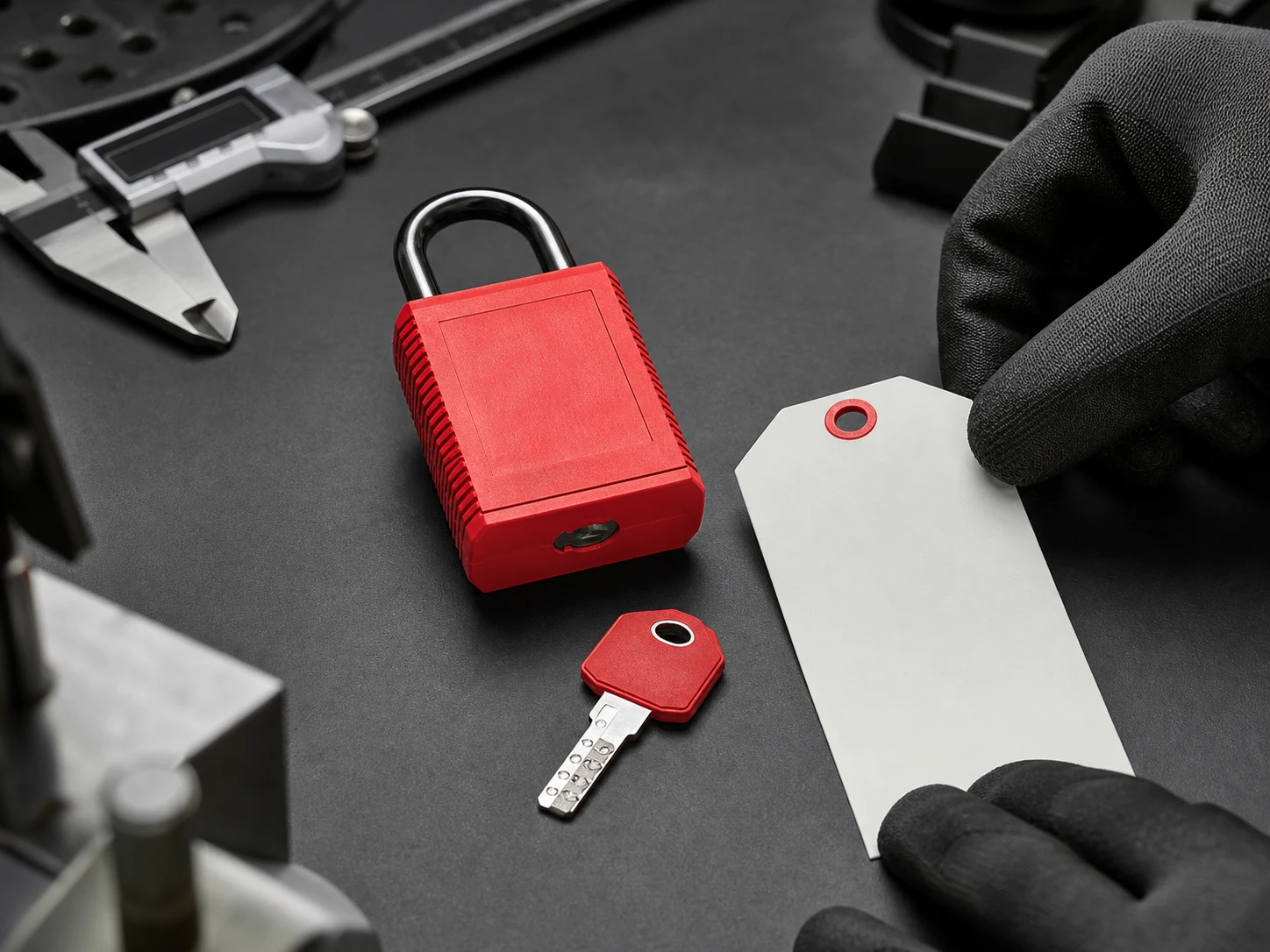 Safety padlock, key and identification tag prepared for customization