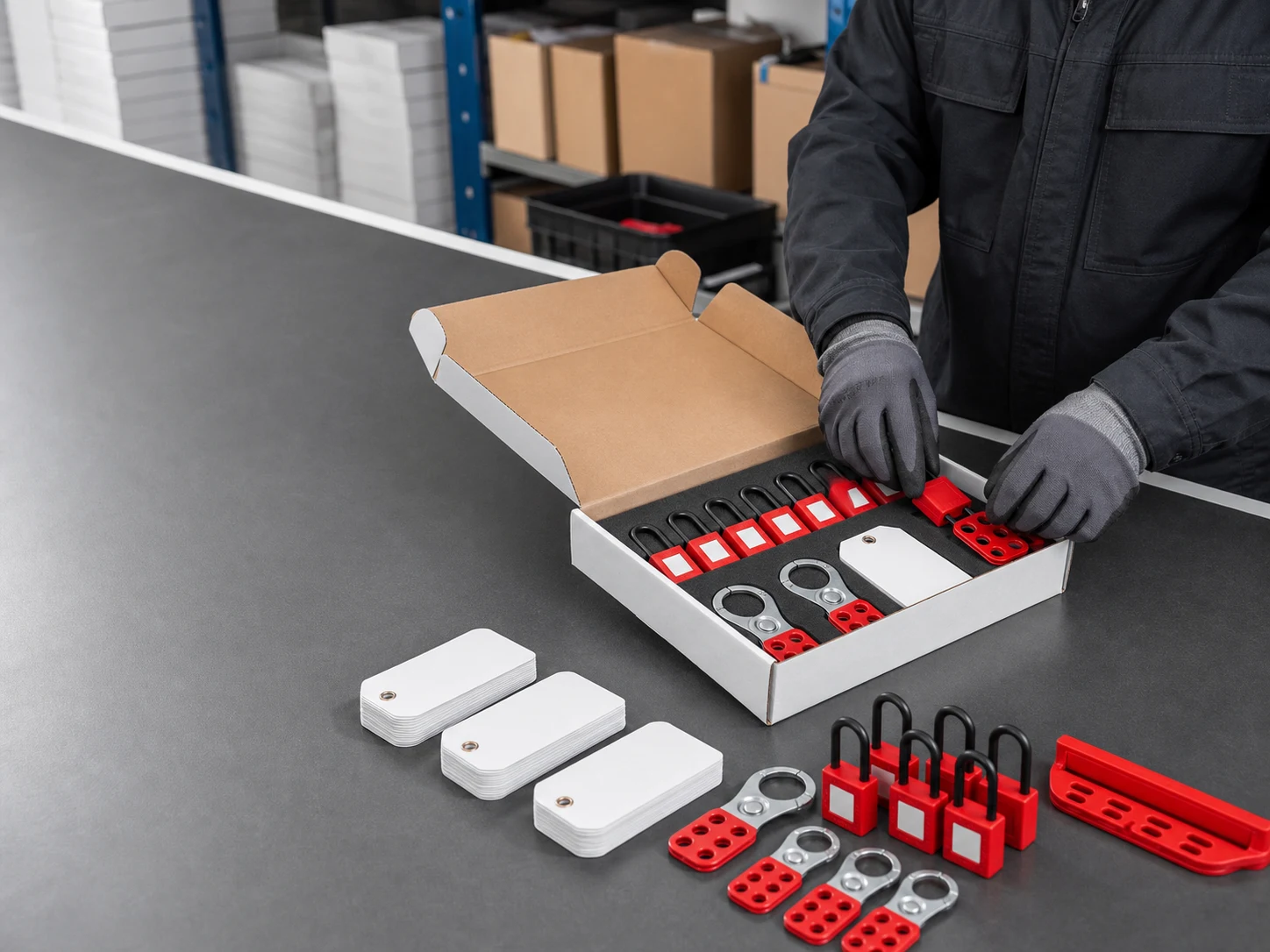 Safety lockout kit being prepared for industrial supply