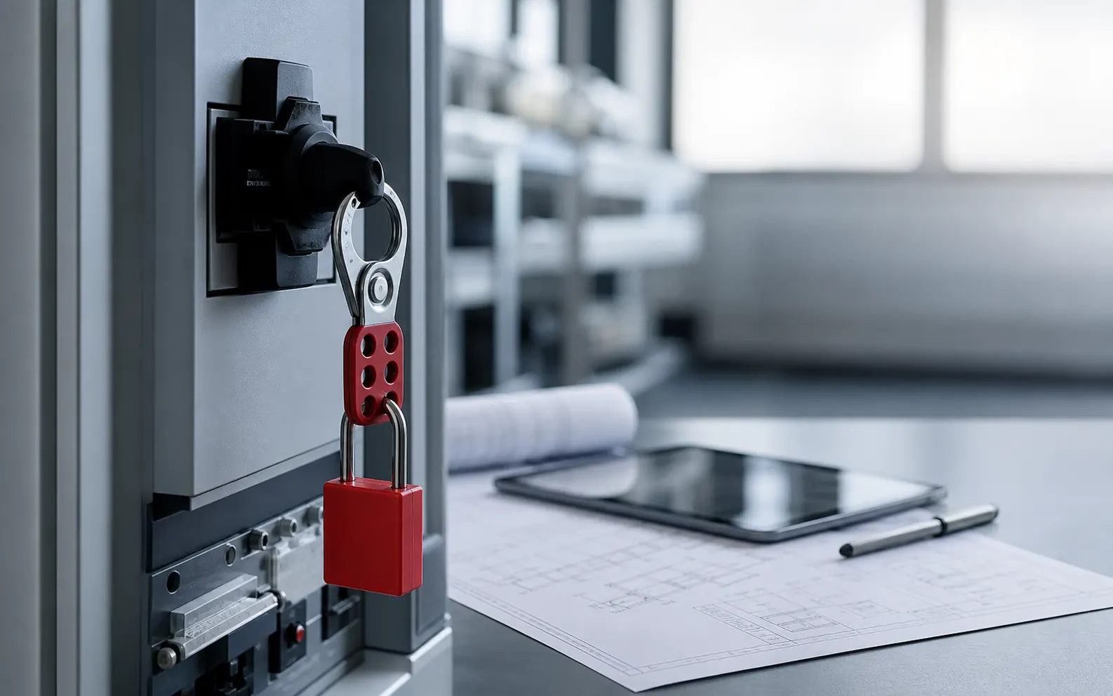 Electrical isolation point with a red lockout hasp, planning documents and a tablet