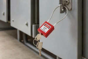 AI-generated cable-style safety lock scene based on a QD LOTO product reference