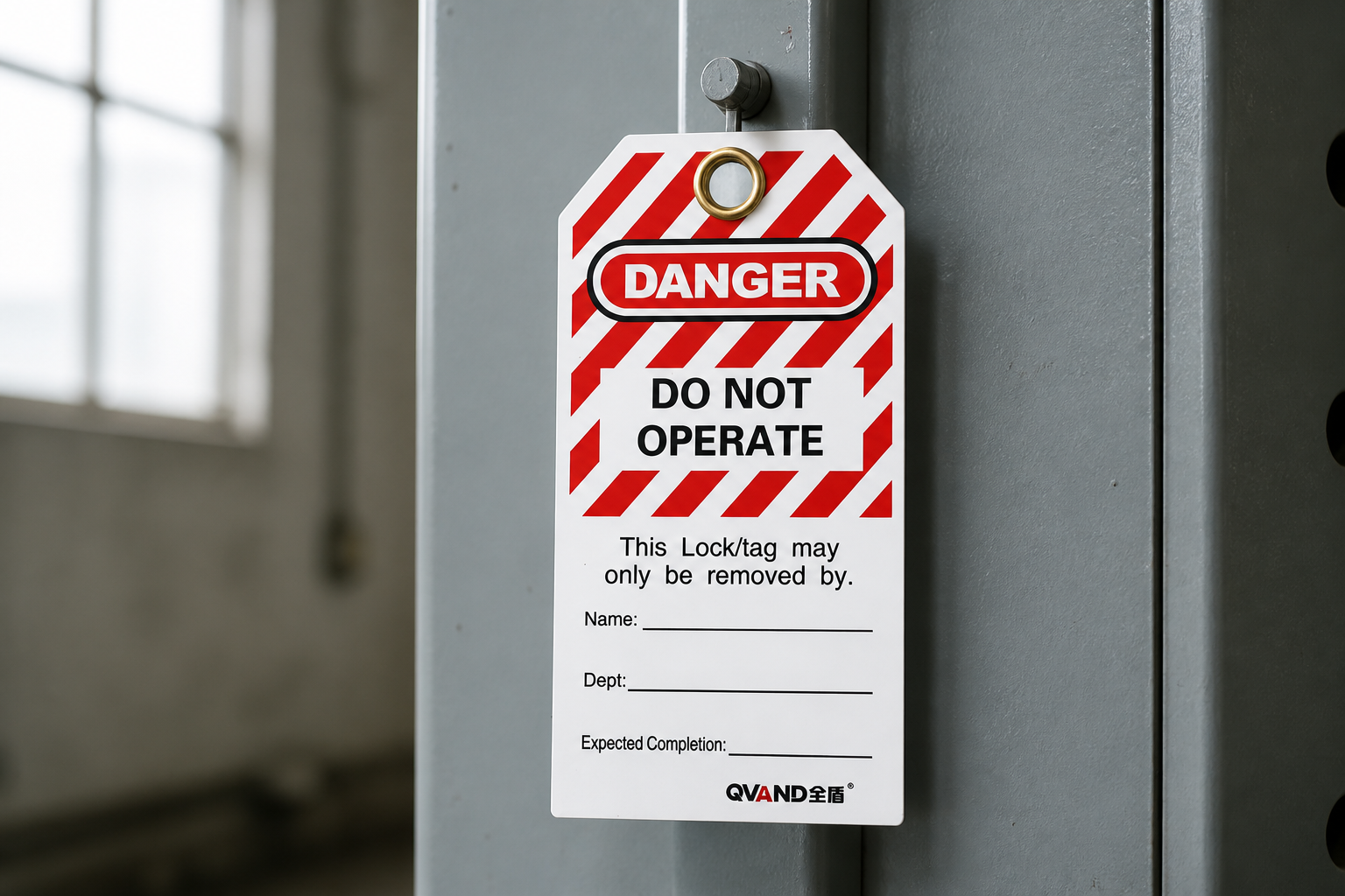 AI-generated industrial warning sign tag scene based on a QD LOTO real product reference