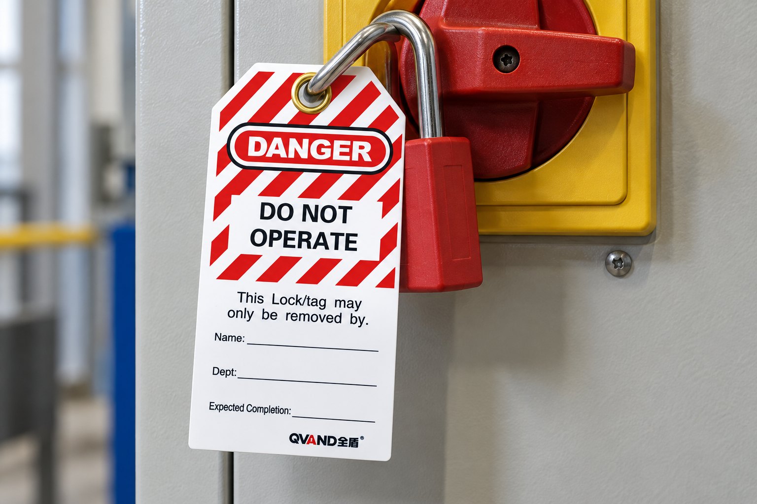Close-up of OSHA-style lockout warning tag with name date and equipment fields