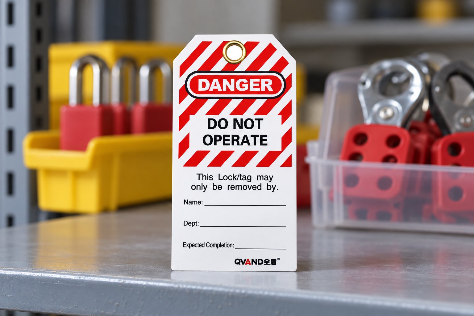 Several custom PVC lockout tags organized for factory maintenance and distributor supply