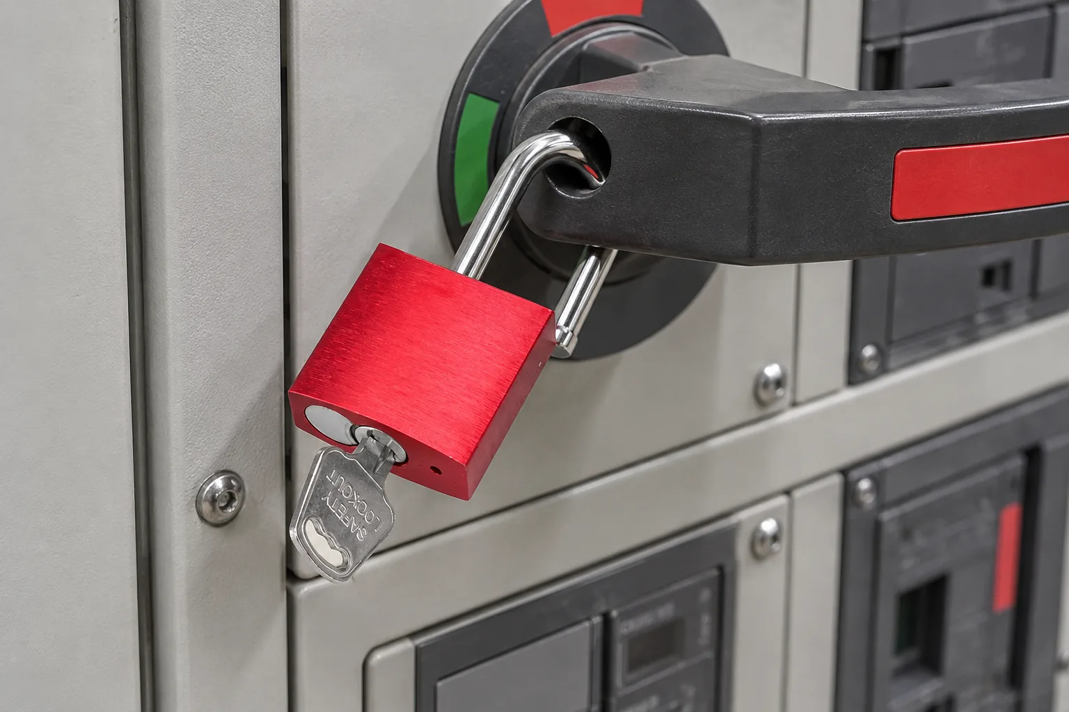 Red LOTO padlock installed on an industrial breaker cabinet isolator