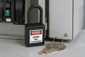 AI-generated nylon-shackle safety padlock scene based on a QD LOTO product reference