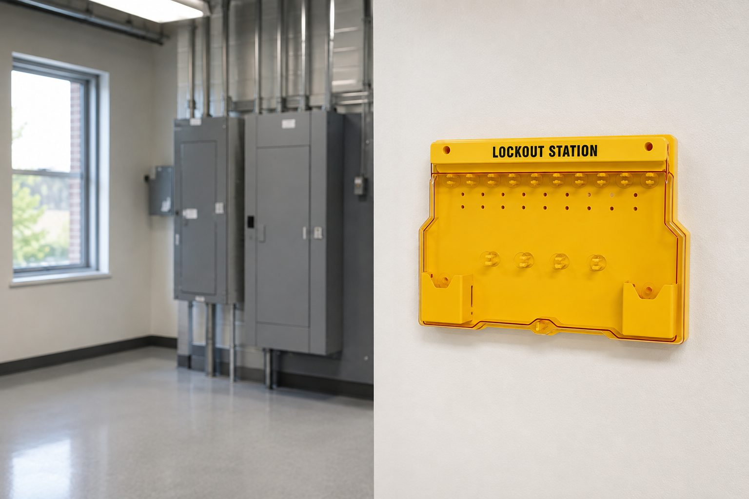 Wall-mounted transparent lockout station in a school facilities electrical room