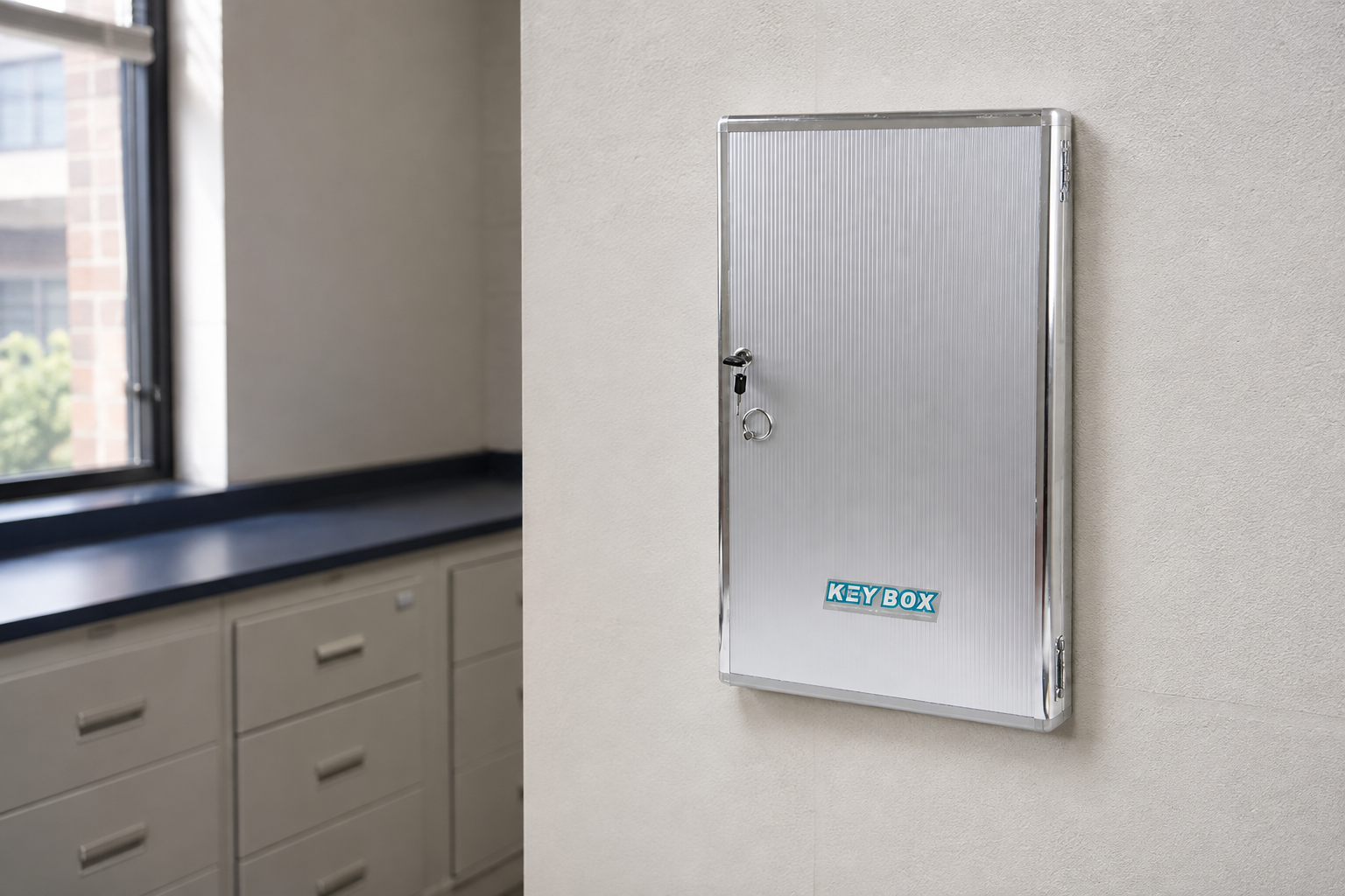 Aluminum key control lock box mounted in a school facilities office