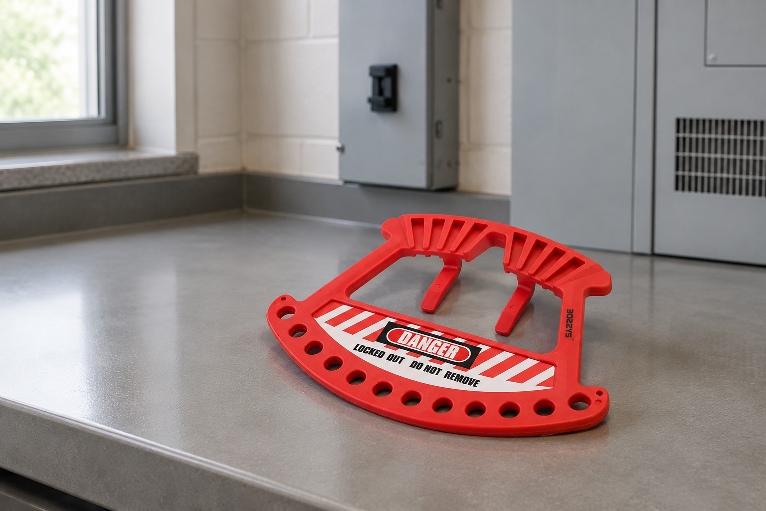 Multi-lock safety hasp on a clean school facilities maintenance work surface