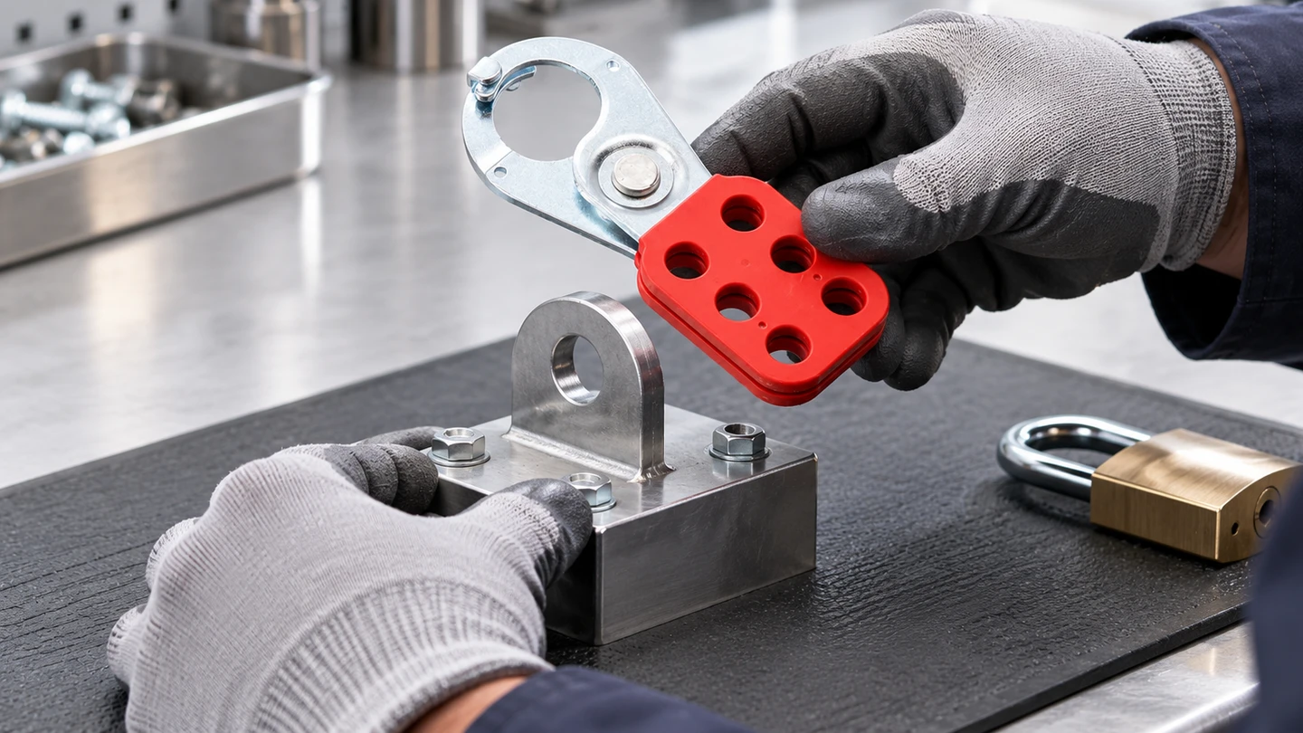 Technician checking a steel lockout hasp against a generic sample fixture