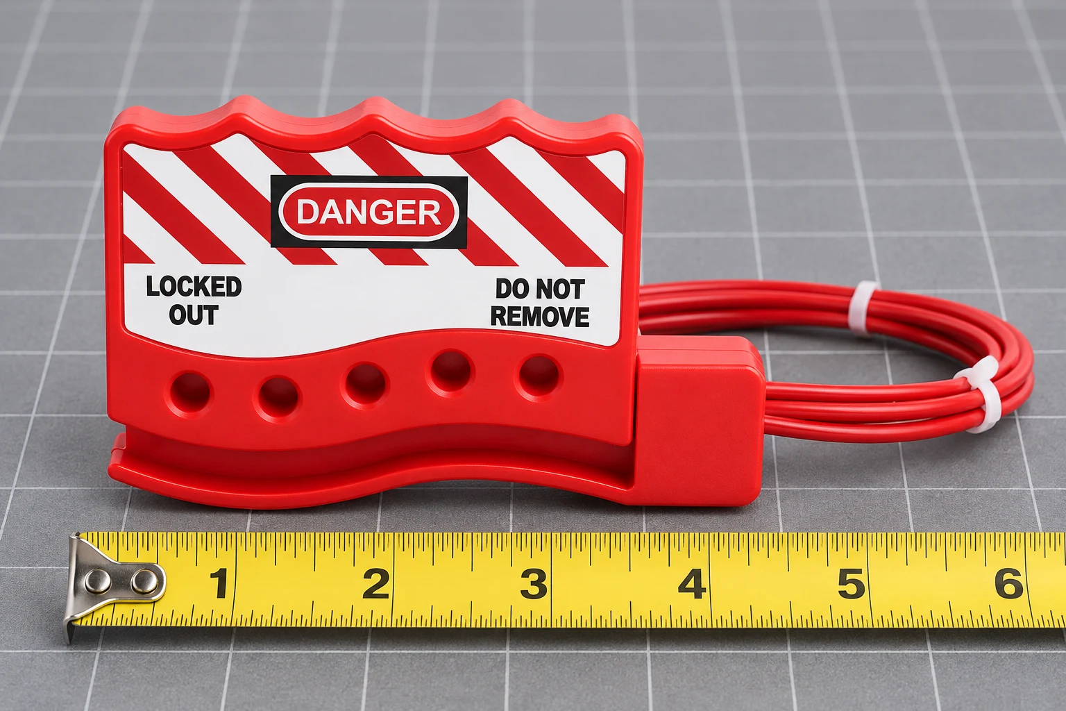 Cable lockout sample beside a measuring tape for planning a fit review