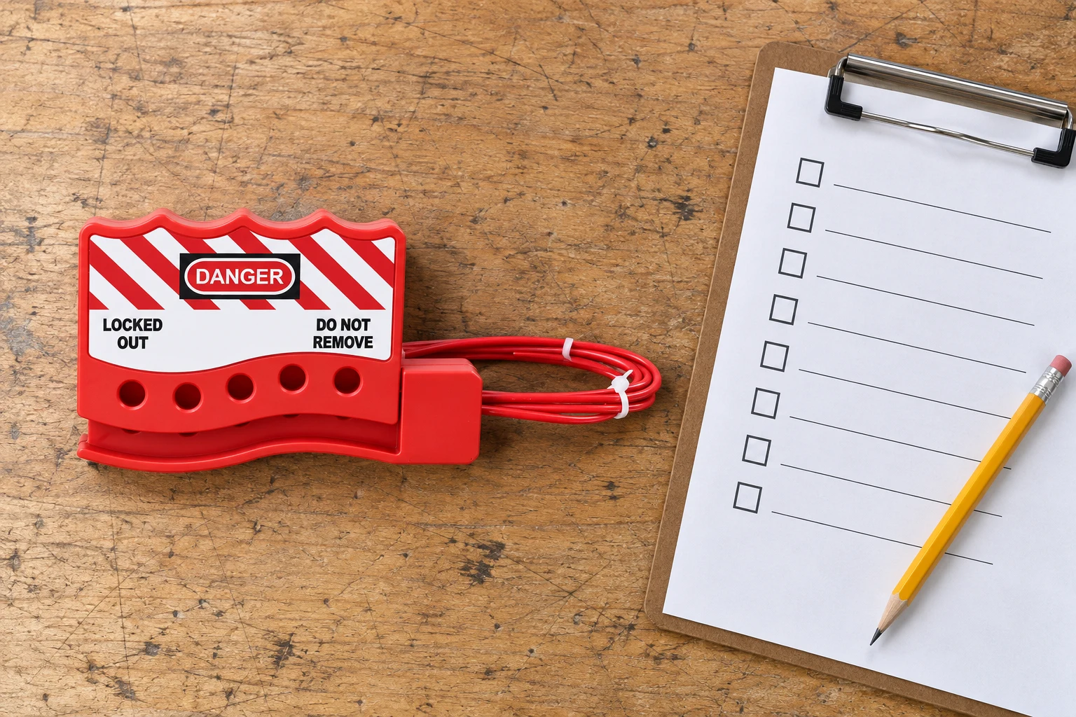 Cable lockout sample beside a blank inspection checklist