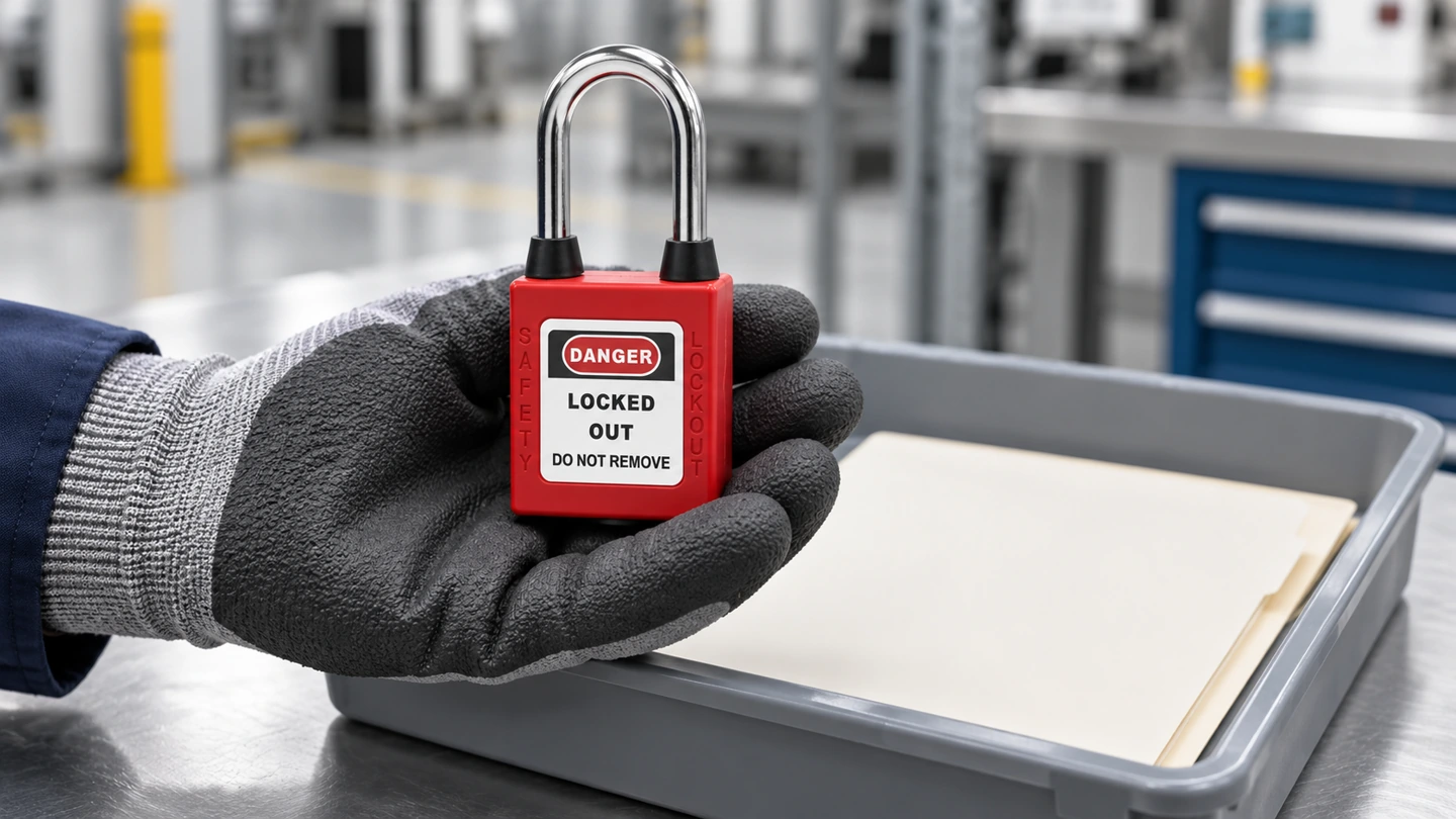 A personal safety padlock is held over a controlled inspection tray with a blank service folder