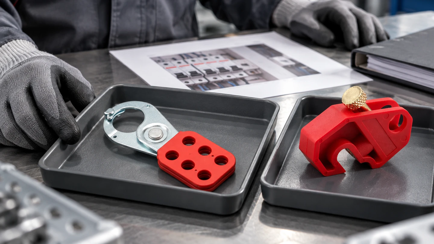 Maintenance planner reviewing a steel hasp and breaker lockout device at an inspection bench