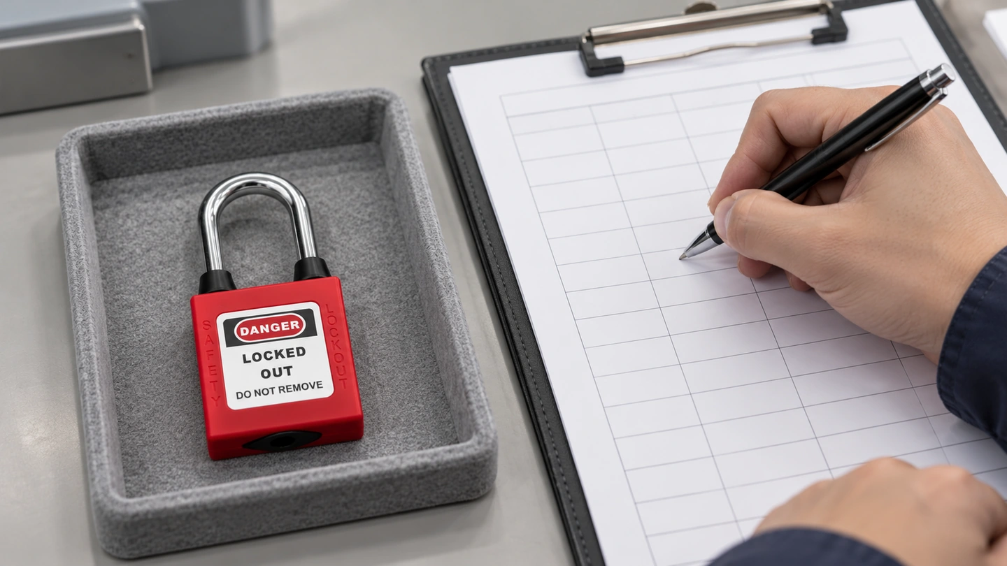 An issue-desk coordinator records a worker's assigned safety padlock while the sample stays supported in its tray