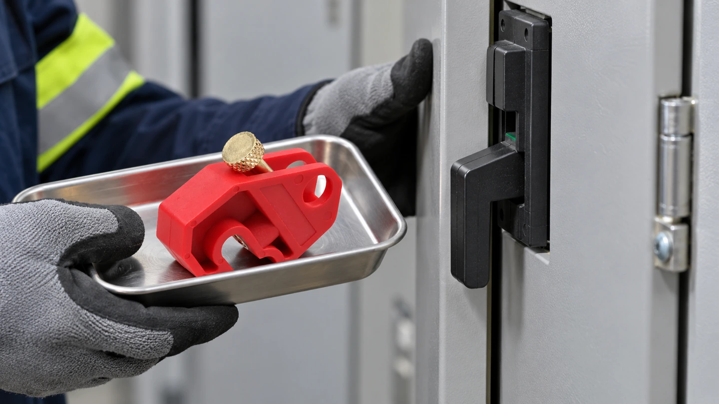 The space needed by the complete lockout arrangement extends beyond the breaker handle.
