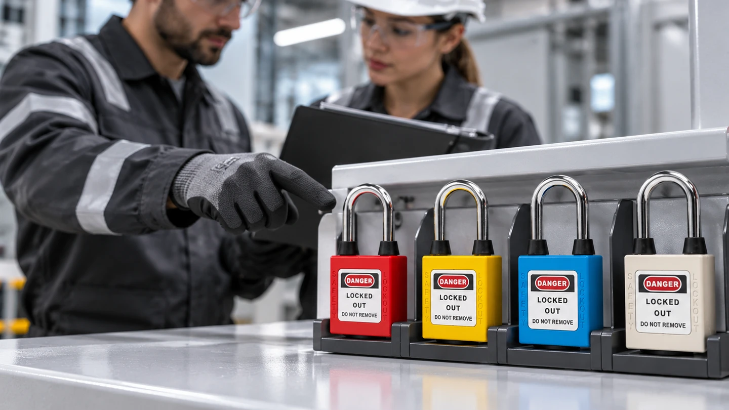 Two maintenance technicians reviewing a shift handover beside controlled safety padlocks