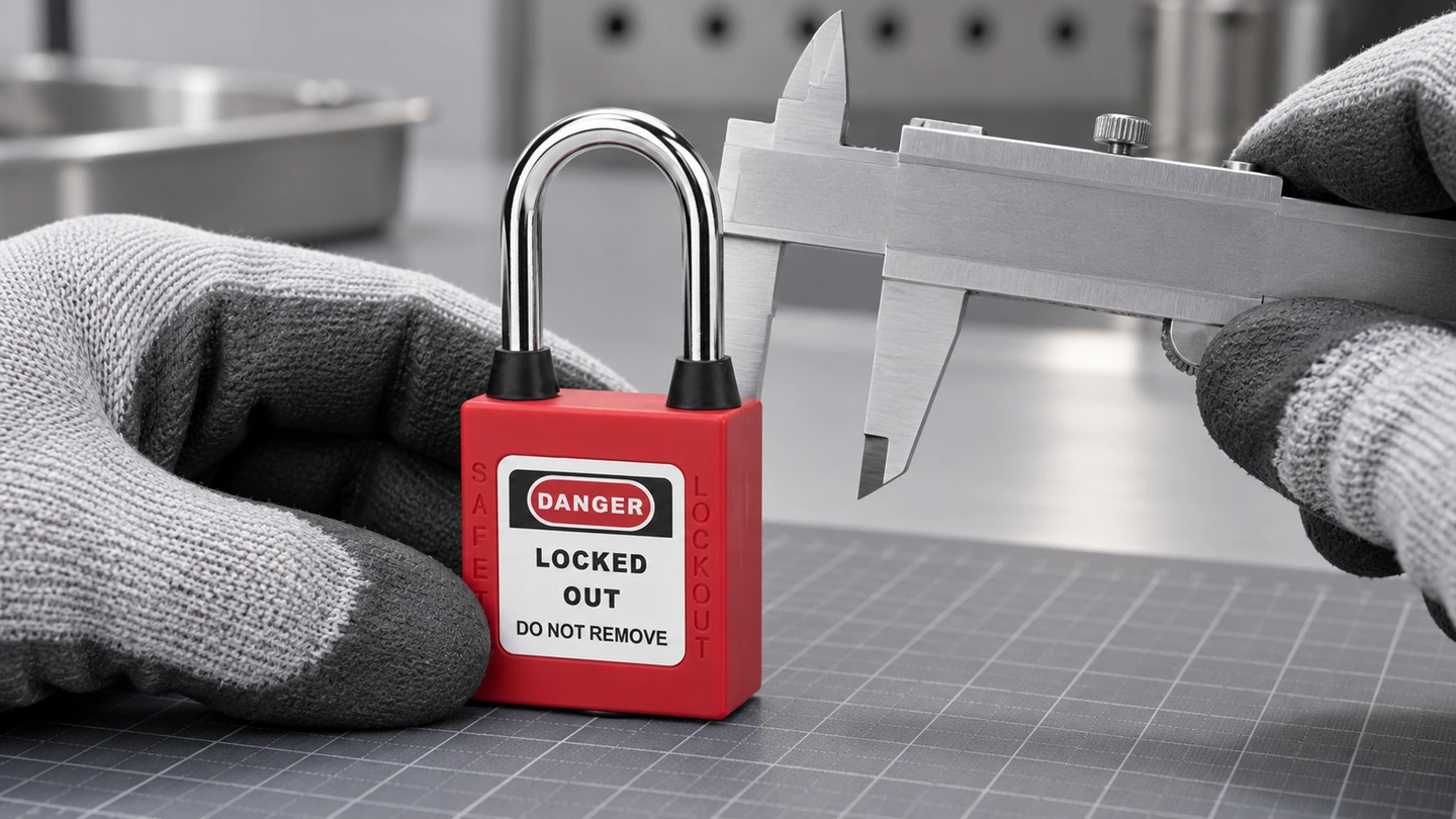 A technician compares the safety padlock shackle with an unmarked gauge before approving physical fit