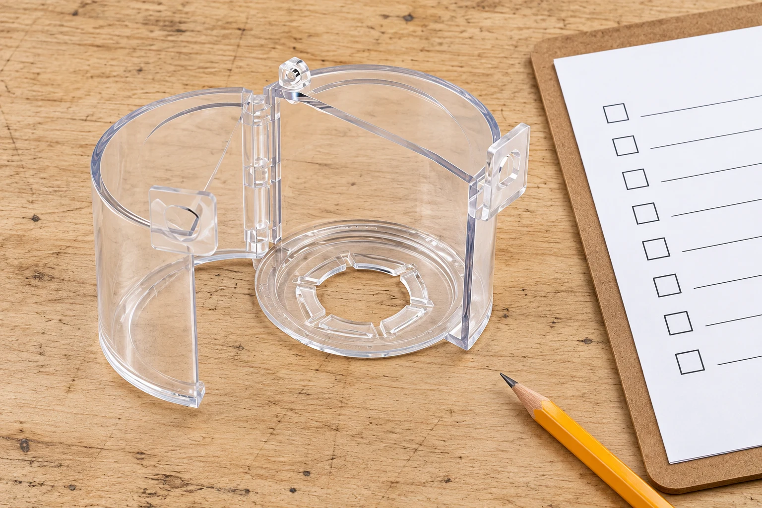 Push-button cover sample beside a blank acceptance checklist