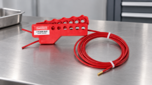 Retractable cable lockout device shown beside its coiled cable on an inspection bench