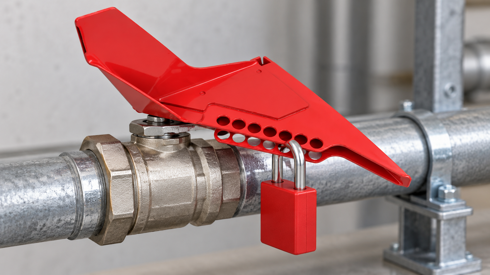 Close view of a ball valve lockout blocking the handle in the closed position